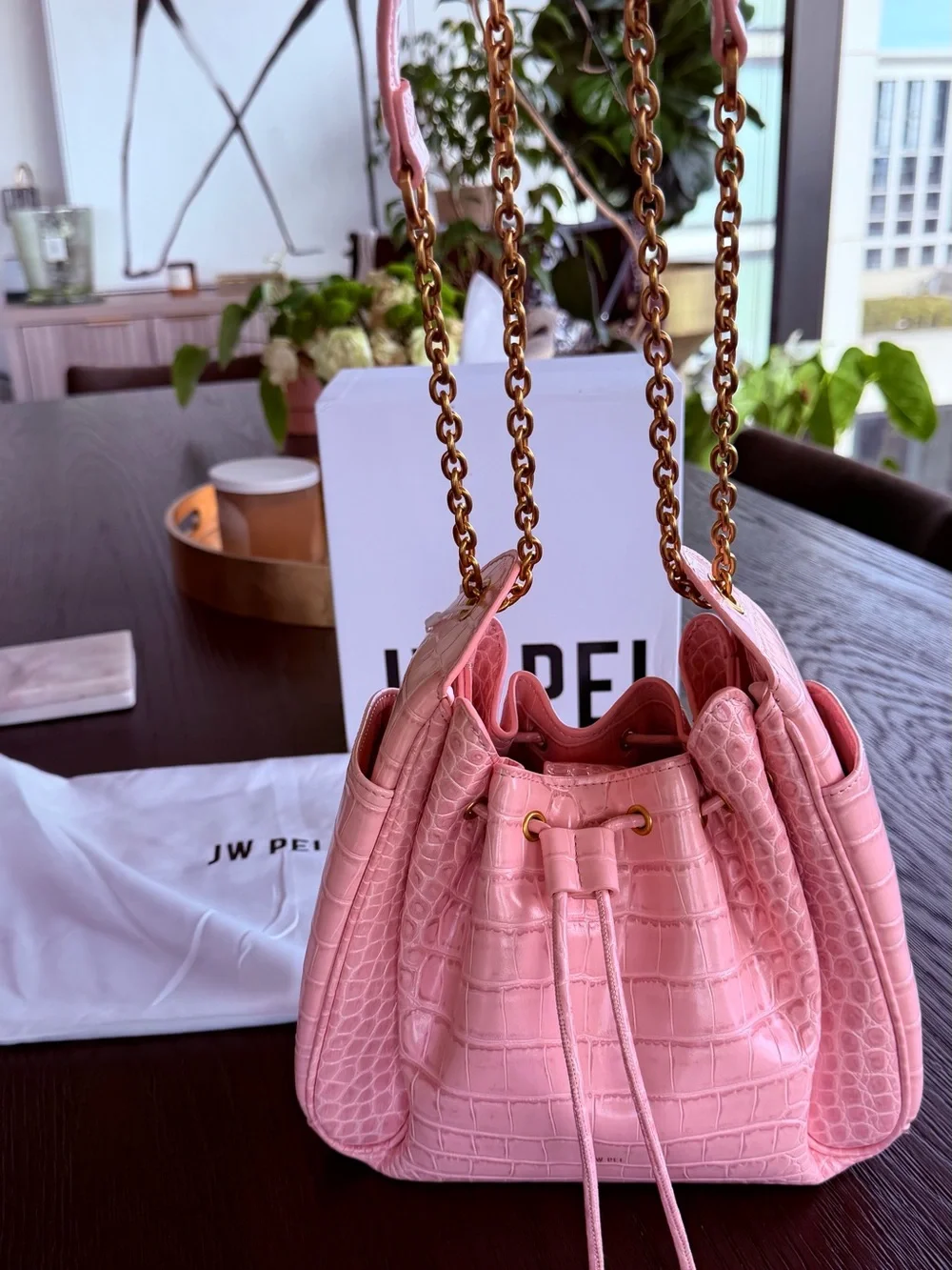 JW PEI Pink Croc Rowan Ruched Drawstring Chain Bucket Bag